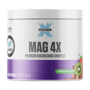 Genetix Nutrition premium magnesium powder, MAG 4X strawberry kiwi flavour, 147g white tub with 30 servings