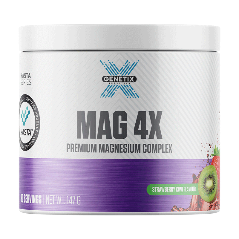 Genetix Nutrition premium magnesium powder, MAG 4X strawberry kiwi flavour, 147g white tub with 30 servings