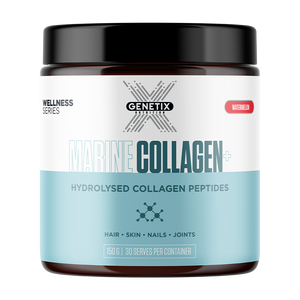 Marine Collagen+ by Genetix, watermelon flavour in 150g white tub with teal label and 30 serves