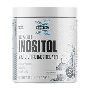 White Genetix Inositol powder tub showcasing 293 servings, Myo-D-Chiro 40:1 formula and clean label design