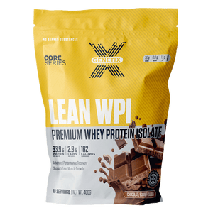 Chocolate whey protein isolate powder from Genetix Nutrition, 400g Lean WPI pouch with yellow Core Series design