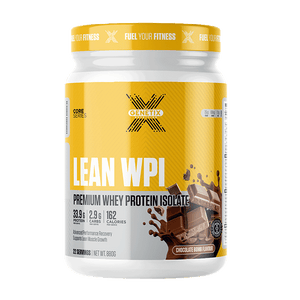 Genetix Lean WPI Chocolate Bomb, 22-serve whey protein isolate with yellow and white packaging