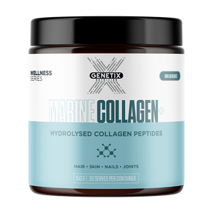 Genetix unflavoured marine collagen peptides, 150g wellness series tub with aqua label and black lid