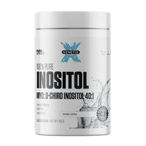 White Genetix Inositol supplement tub showcasing Myo-D-Chiro Inositol 40:1 and clean monochrome branding