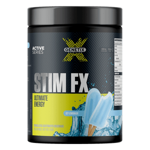 STIM FX by Genetix, icy lemonade energy supplement – 450g container, vibrant label with water splash and ice block graphic