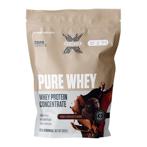 Double chocolate whey concentrate by Genetix, 900g resealable pouch with bold product branding