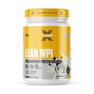 Lean WPI whey protein isolate by Genetix Nutrition, 22 serve 880g tub with cookies and cream flavour label