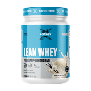 Vanilla ice cream Genetix Lean Whey protein powder in white 880g tub with premium protein blend branding