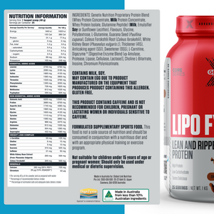 Genetix Lipo F whey protein blend supplement facts panel with macros, ingredients, caffeine and weight loss complex details