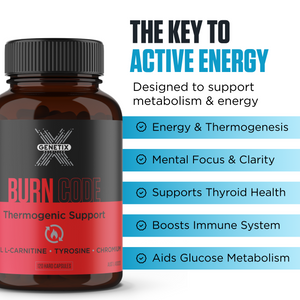 Burn Code thermogenic capsules by Genetix 120 caps, fat loss supplement with L-carnitine, tyrosine and metabolism support