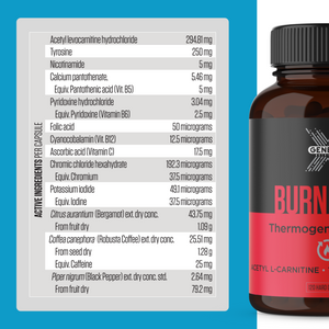 Burn thermogenic capsules by Genetix ingredients label, fat loss supplement with caffeine, carnitine and herbal extracts