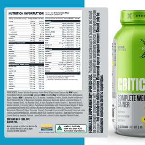 Critical Mass weight gainer by Genetix nutrition info, high calorie protein carb blend with amino acids and micronutrients