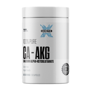 White Genetix CA-AKG supplement tub featuring Calcium Alpha-Ketoglutarate and vegan-friendly branding