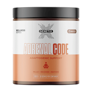 300g tub of Genetix Adrenal Code adaptogen powder in Chocolate Chai, peach-toned container