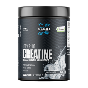 Genetix Nutrition creatine monohydrate supplement 500g black container with Creapure and natural flavour label