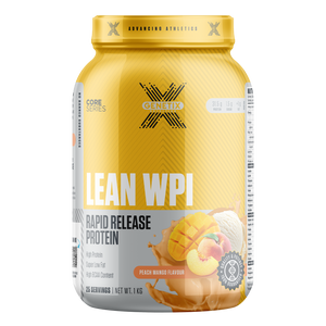 Genetix Lean WPI peach mango whey isolate – 1kg yellow tub with fruit graphics and bold label