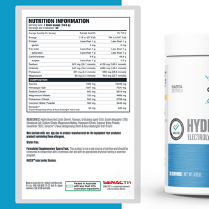 Genetix hydration powder supplement facts label, electrolyte blend with sodium, potassium, magnesium and ingredient breakdown