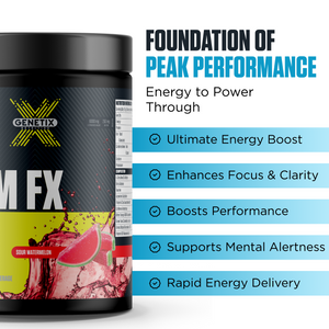 Genetix Nutrition MFX pre workout sour watermelon flavour black tub with energy formula label and performance claims