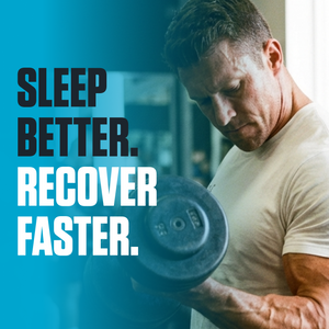 Fit man weight training with dumbbell indoors highlighting recovery, sleep support and muscle building workout