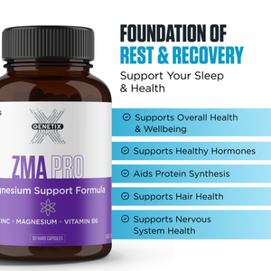 Genetix ZMA Pro capsules bottle with zinc magnesium vitamin B6 sleep recovery supplement formula